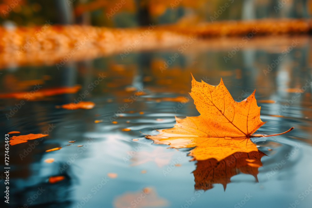 Yellow orange maple leaf floating in lake, close up. Vibrant color of fall season of nature. Calm forest park. Yellow orange maple leaf floating in lake, close up. Vibrant color of fall season of nature. Calm forest park.