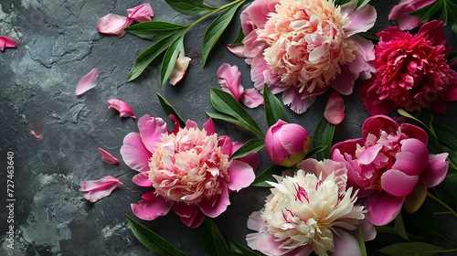 Peony flowers on light or dark concrete stone background