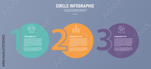 3 point circle infographic stage or step template with big numerical number on side for slide presentation