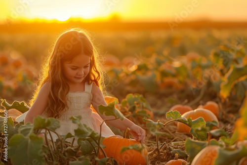 Happy young girl choosing pumpkin in a field at sunset.