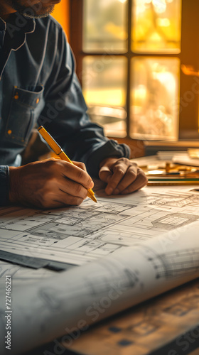 architect drawing blueprints for his upcoming project on tabletop photo