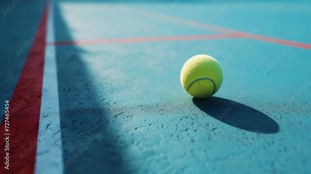 Tennis ball on a hard court, strong shadow and vibrant colors marking the boundary lines, clear daylight