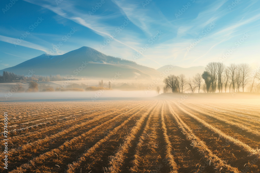 Morning winter scene of a field and view of Mount. Morning winter scene of a field and view of Mount.