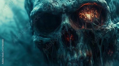 Spooky human skull with empty eye sockets and a textured surface, set against a dark, moody background