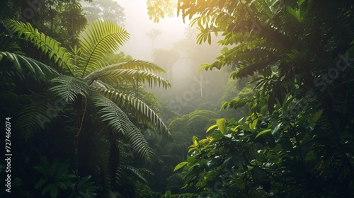 Lush green tropical rainforest with mist, showcasing dense foliage and serene atmosphere