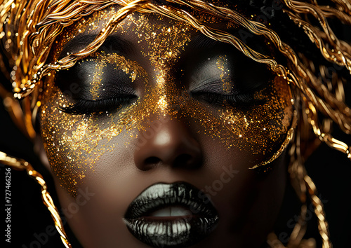 Portrait of a beautiful woman in close-up  golden festive glamorous makeup