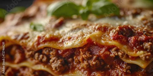 Gourmet Italian Meat Lasagna with basil. Baked meat lasagna garnished with fresh herbs on a table background.