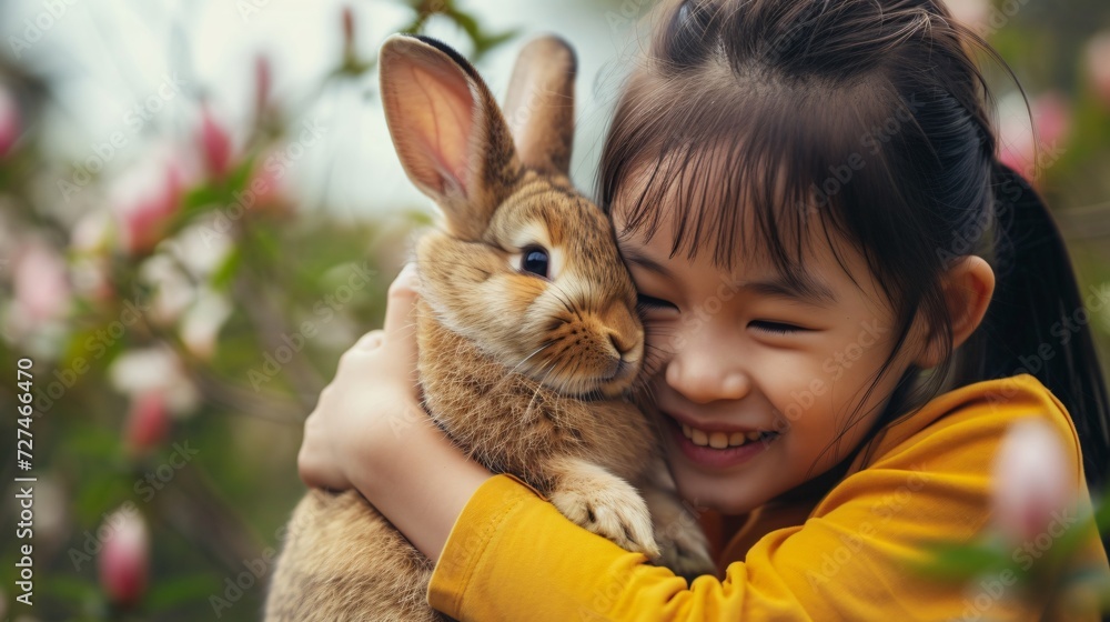 Smiling girl in casual clothing snuggles a brown rabbit, vibrant yellow flowers in the soft focus background Smiling girl in casual clothing snuggles a brown rabbit, vibrant yellow flowers in the soft focus background