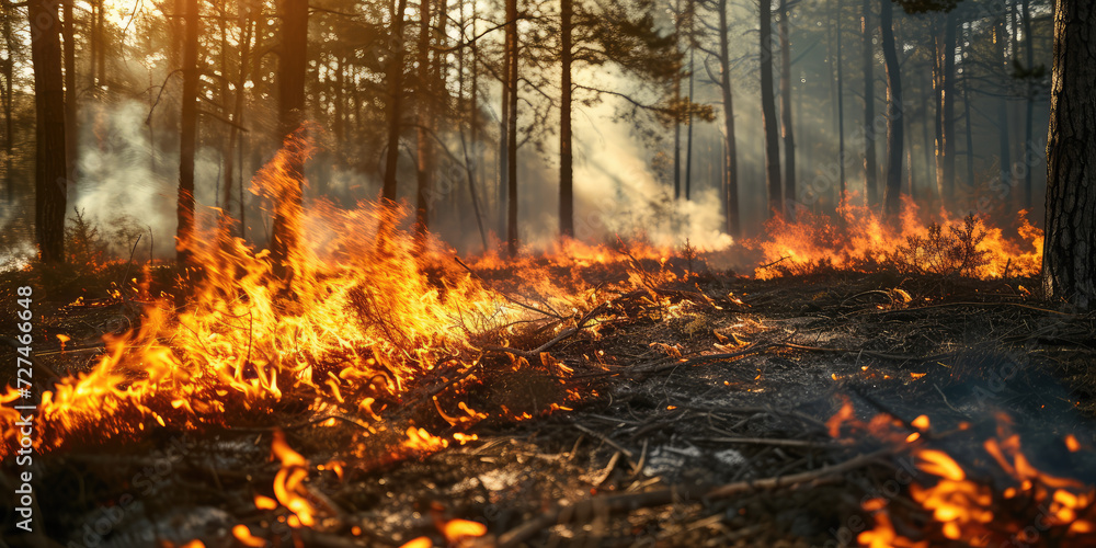 Wildfire Engulfing Forest. Devastating wildfire spreading through a dense forest at dusk. Wildfire Engulfing Forest. Devastating wildfire spreading through a dense forest at dusk.