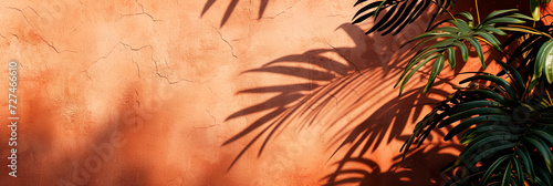 A terracotta plastered wall with a leaves shadow, banner with copy space