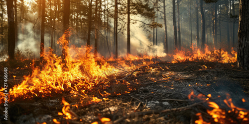 Wildfire Engulfing Forest. Devastating wildfire spreading through a dense forest at dusk.
