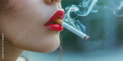 Woman Smoking Cigarette in Moody Lighting. Close-up of a woman smoking, highlighted by ambient light and smoke trails. photo
