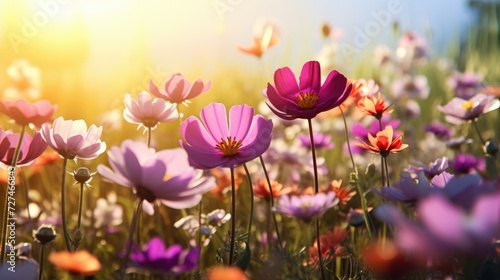 Cosmos flower meadow in spring. Beautiful sunny day. AI Generated 