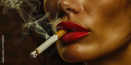 Woman with bad face skin Smoking Cigarette in Moody Lighting. Close-up of a woman smoking, highlighted by ambient light and smoke trails.