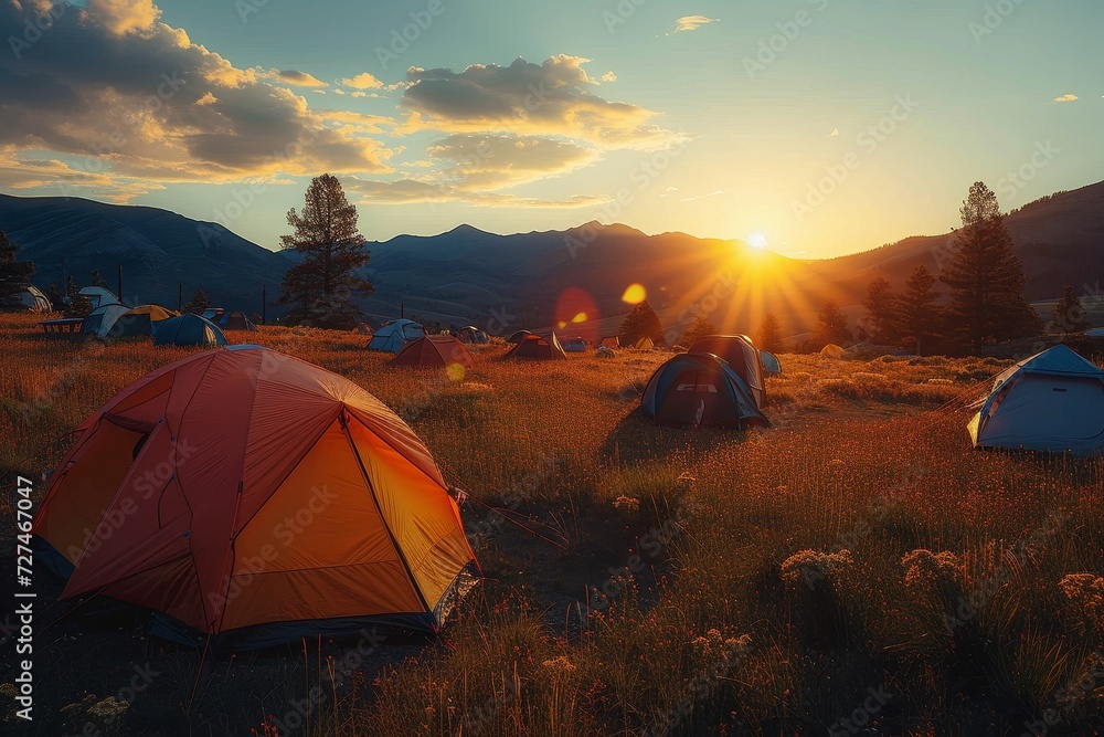A peaceful summer campsite nestled in the midst of nature, with tents pitched against a breathtaking sunset backdrop and a tarpaulin protecting against the elements