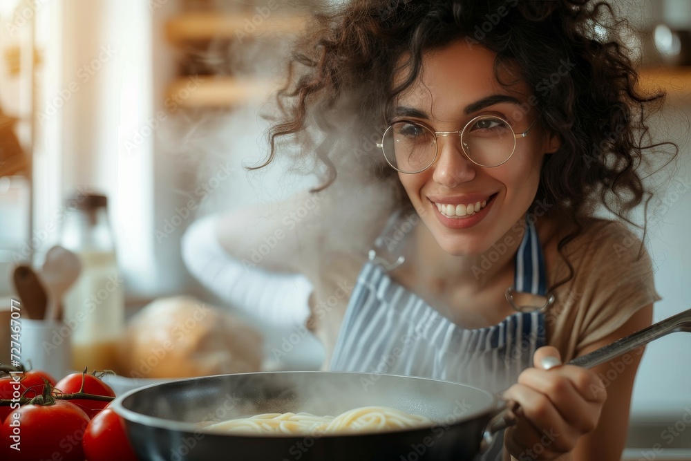 A woman's determined face as she skillfully stirs a pot of bubbling tomato soup in her cozy kitchen, surrounded by hanging kitchenware and a colorful mixing bowl A woman's determined face as she skillfully stirs a pot of bubbling tomato soup in her cozy kitchen, surrounded by hanging kitchenware and a colorful mixing bowl