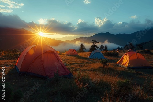 A picturesque sunrise over a camp of colorful tents nestled among rolling green hills, with a majestic mountain peak in the distance and a vibrant sky filled with fluffy clouds