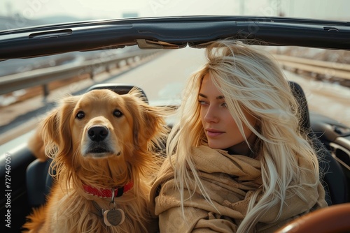 A young woman and her loyal brown labrador enjoy the freedom of the open road in a sleek convertible, their heads turned towards the horizon with a sense of adventure and companionship