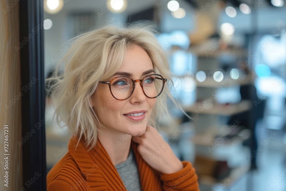 A stylish woman with a warm smile and layered blonde hair wears glasses and a cozy sweater, showcasing both her fashion sense and vision care A stylish woman with a warm smile and layered blonde hair wears glasses and a cozy sweater, showcasing both her fashion sense and vision care