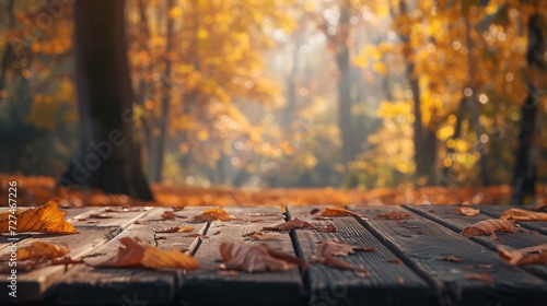 Rough wooden surface with autumn leaves, soft focus background showing trees bathed in warm sunlight, wooden table mockup