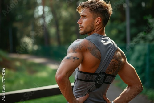 A rugged man with intricate tattoos on his back stands shirtless among the trees, showcasing his muscular chest and arms, with a hint of his sleeveless shirt peeking out from under his elbow