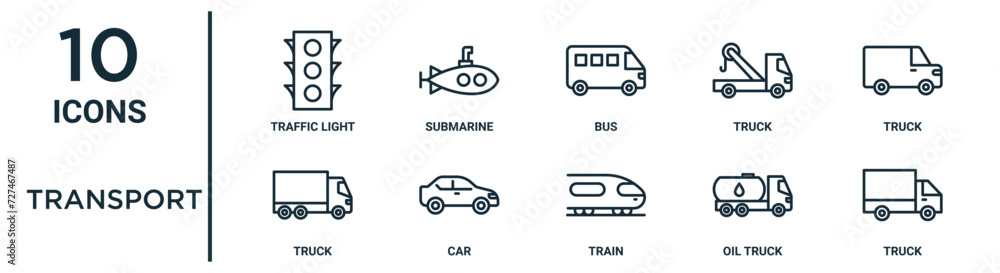 transport outline icon set such as thin line traffic light, bus, truck ...