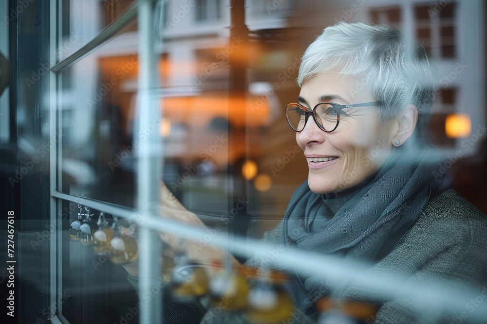 A woman gazes through the transparent material of a window, her human face adorned with a smile as she stands inside a building, her glasses reflecting the street beyond in this captivating portrait A woman gazes through the transparent material of a window, her human face adorned with a smile as she stands inside a building, her glasses reflecting the street beyond in this captivating portrait