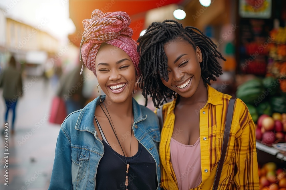 Two stylish women exude confidence and joy as they sell their fashionable accessories at a bustling outdoor market, standing out with their vibrant smiles and chic clothing choices