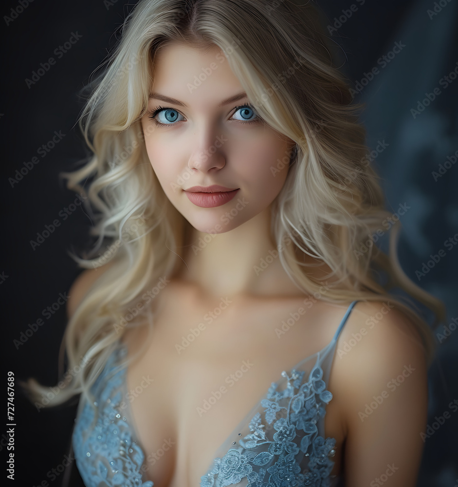 A beautiful blonde with blue eyes in a dress with a deep neckline

