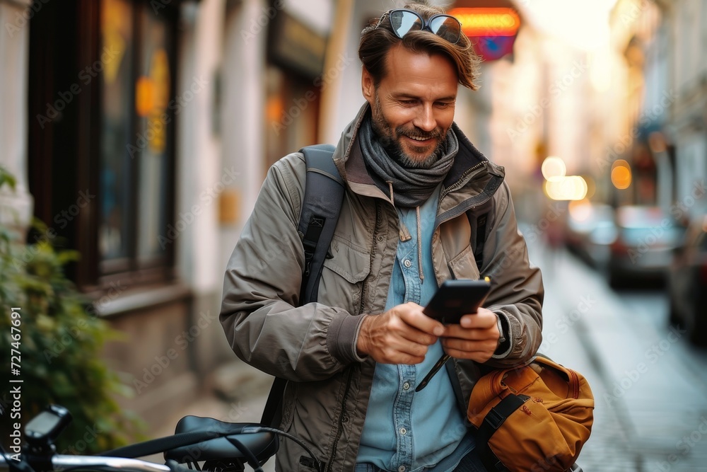 A stylish man in a jacket stands on his bicycle, engrossed in his phone, surrounded by the bustling city streets and buildings A stylish man in a jacket stands on his bicycle, engrossed in his phone, surrounded by the bustling city streets and buildings