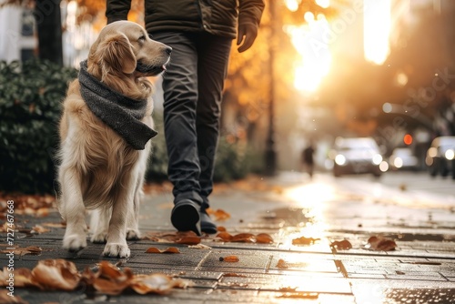 A spirited golden retriever trots alongside its owner on a sunny sidewalk, sporting a vibrant leash and matching collar, while the person's comfortable footwear and clothing suggest a leisurely outdo photo