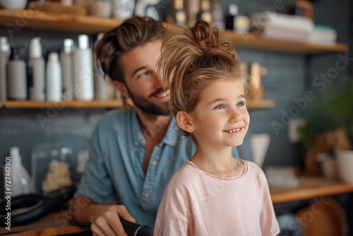 A cheerful man and a young girl share a moment of joy and contentment in a cozy beauty salon, surrounded by walls adorned with vibrant clothing and framed by the warmth of a kitchen