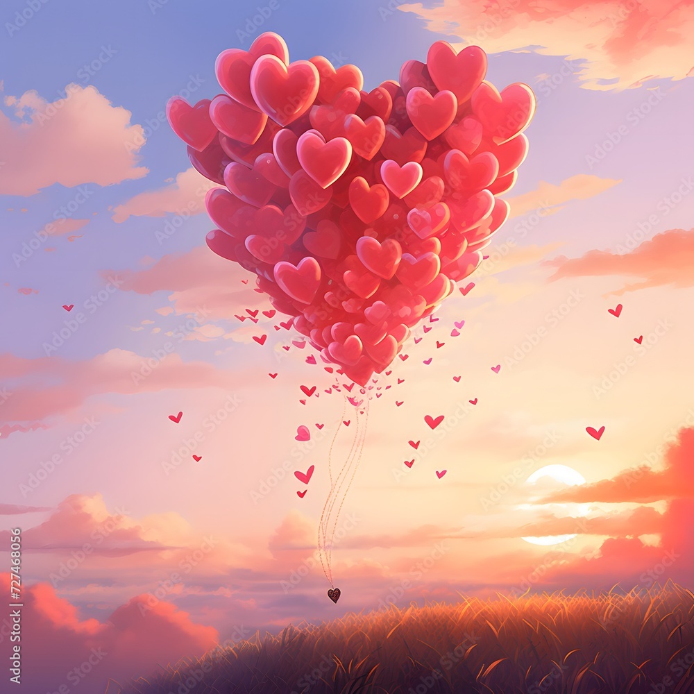 Valentines day card heart shaped balloons in the sky Valentines day card heart shaped balloons in the sky