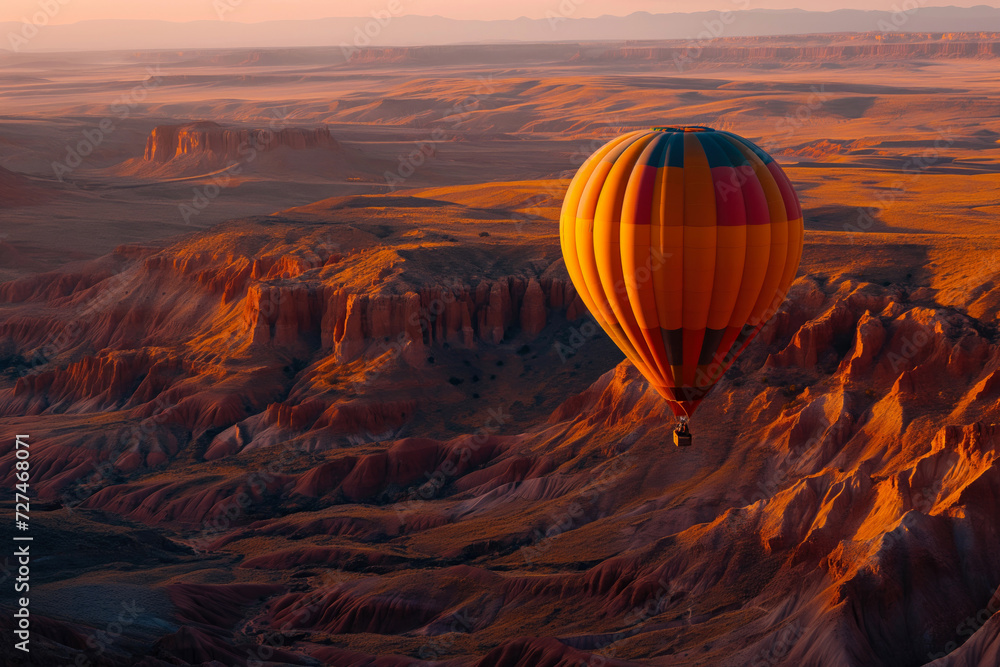 Obraz premium A colorful hot air balloon floating above rugged Painted Desert in Arizona in the warm light of sunrise