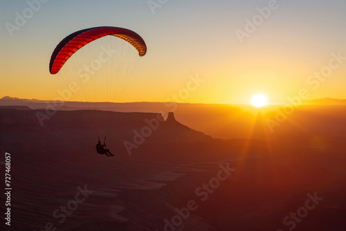 Paraglider flying over rocky desert landscape during a breathtaking sunset