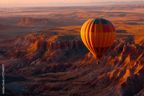 A colorful hot air balloon floating above rugged Painted Desert in Arizona in the warm light of sunrise