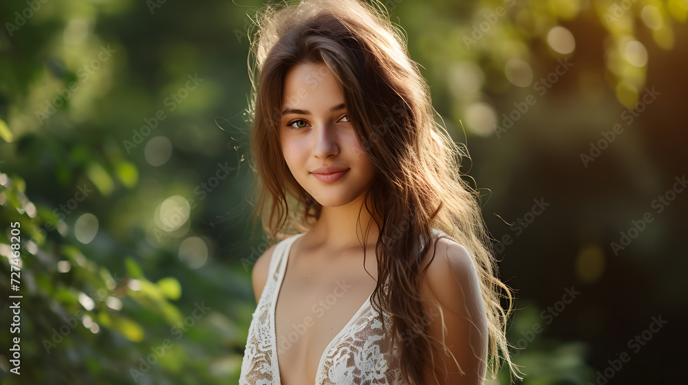 A beautiful young woman in a summer lace dress in a field with a deep neckline A beautiful young woman in a summer lace dress in a field with a deep neckline