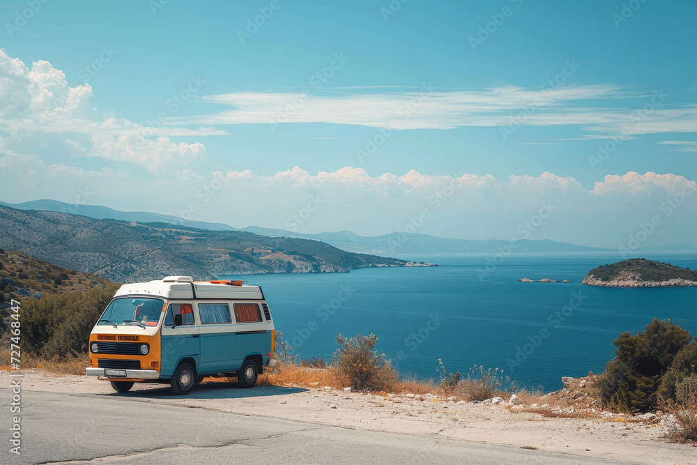 Amidst the tranquil beauty of a beach, a van sits parked on the sandy ...