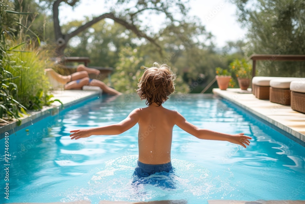 A young boy basks in the sun, surrounded by the serene setting of a tree-lined swimming pool at an outdoor leisure centre, clad in his swimwear and enjoying the refreshing waters as he explores the w