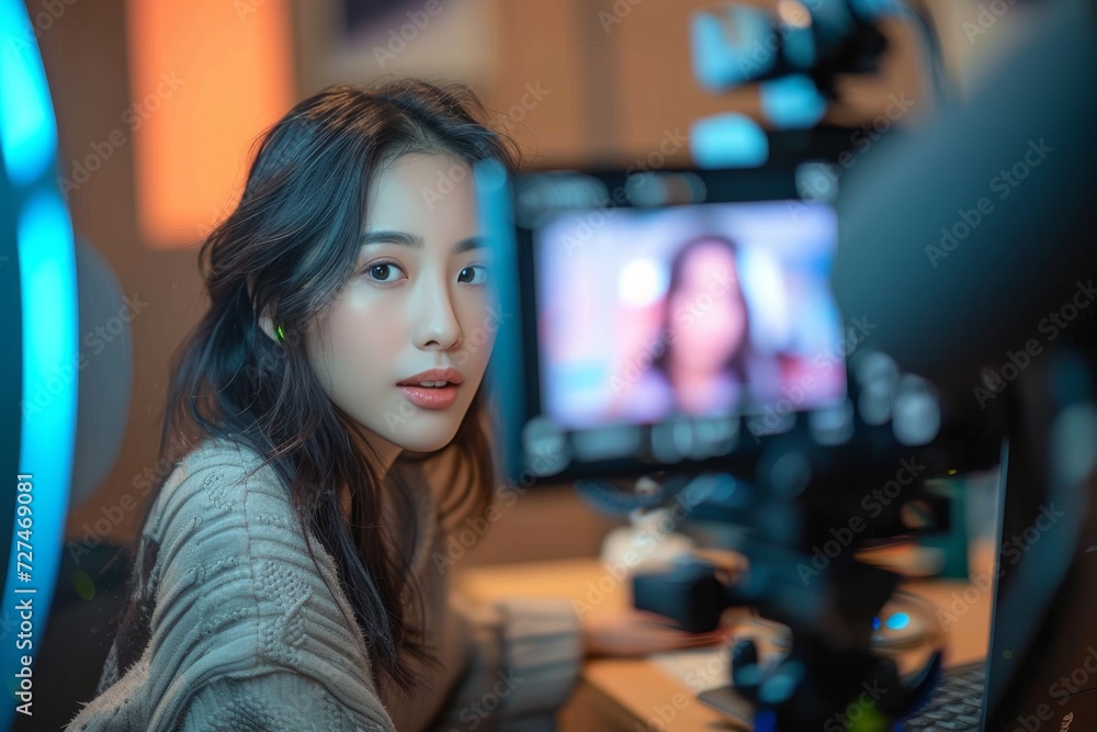 Fototapeta premium A captivating woman gazes confidently at the camera, her expressive face adorned with stylish clothing, emanating a sense of warmth and authenticity in the indoor setting as she prepares for her broa