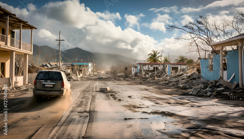 a car drives through the street of the damaged settlement after a hurricane © Lin_Studio