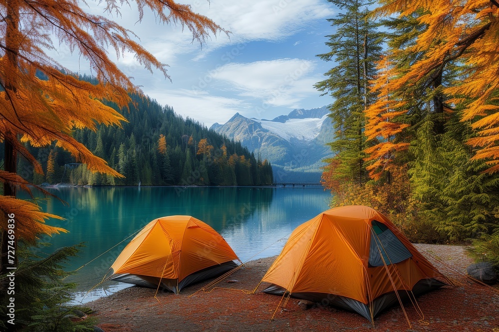 Amidst the tranquil autumn landscape, two tents stand tall next to a glistening lake, sheltered by the towering trees and covered by a protective tarpaulin