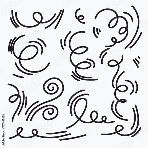 Doodle wind line sketch set. Hand drawn doodle wind movement, air blowing, vortex elements. Sketch of air blowing movement, abstract lines. Isolated vector illustration.