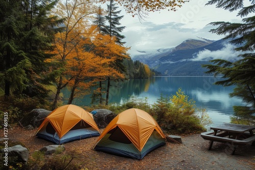 Amidst a serene landscape of trees and mountains, a cozy tent sits beside a glistening lake, surrounded by the vibrant colors of autumn and the peaceful sounds of a nearby river
