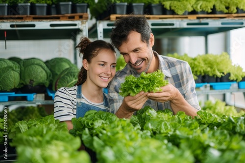 A smiling couple proudly holds fresh, leafy lettuce from their local greengrocer, embodying the natural and wholesome beauty of whole foods and vegan nutrition