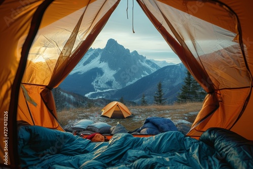 Cozy and adventurous, a tent nestled beneath a tarpaulin against the vast mountain backdrop awaits a night of camping and stargazing under the open sky
