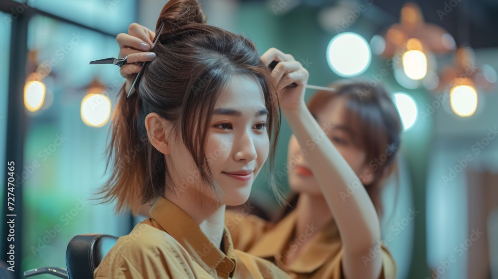 Fototapeta premium Hair stylist attentively trims the hair of a female client, who sits calmly in a salon setting, reflecting a professional beauty service
