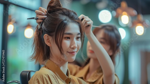 Hair stylist attentively trims the hair of a female client, who sits calmly in a salon setting, reflecting a professional beauty service