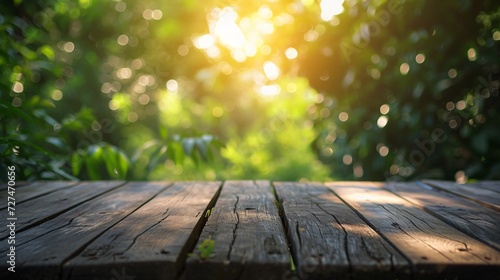 Weathered wooden table mockup  bokeh background of sunlit green leaves