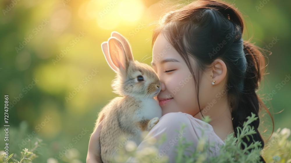 Serene young woman in a light outfit gently holds a brown rabbit, soft focus greenery around Serene young woman in a light outfit gently holds a brown rabbit, soft focus greenery around